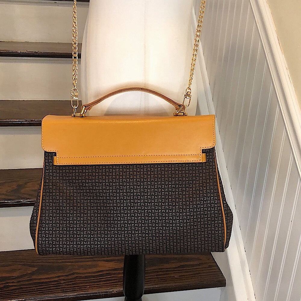 TED LAPIDUS Caramel Leather Top Handle & Monogram Logo Vinyl Crossbody Satchel - Picture 9 of 16